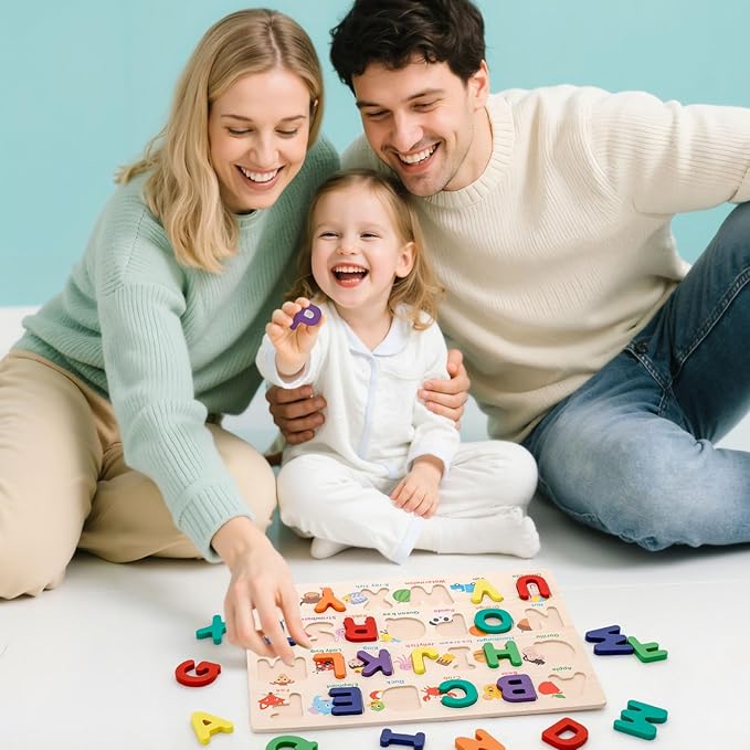 Alphabet Puzzle Wooden Puzzles for Toddlers, ABC Shape Learning Toddler Toys with Board & Letter Blocks, Preschool Educational Toys for Girls Boys, Pattern Alphabet
