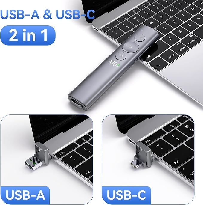 Rechargeable Presentation Clicker with Green Laser Pointer for PowerPoint, Power Display Wireless Presenter Remote with USB-A & USB-C Dongle, Slide Advancer for Mac, Windows, Laptop, Classroom, Office