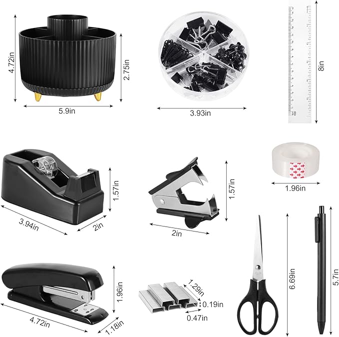 Gawsey Desk Organizers and Accessories Set with 360-Degree Rotating Pen Holder, Tape Dispenser, Stapler, Staple Remover, 1000 Staples, Tape, Clips Set, Ruler, Scissor, Pen (Black)