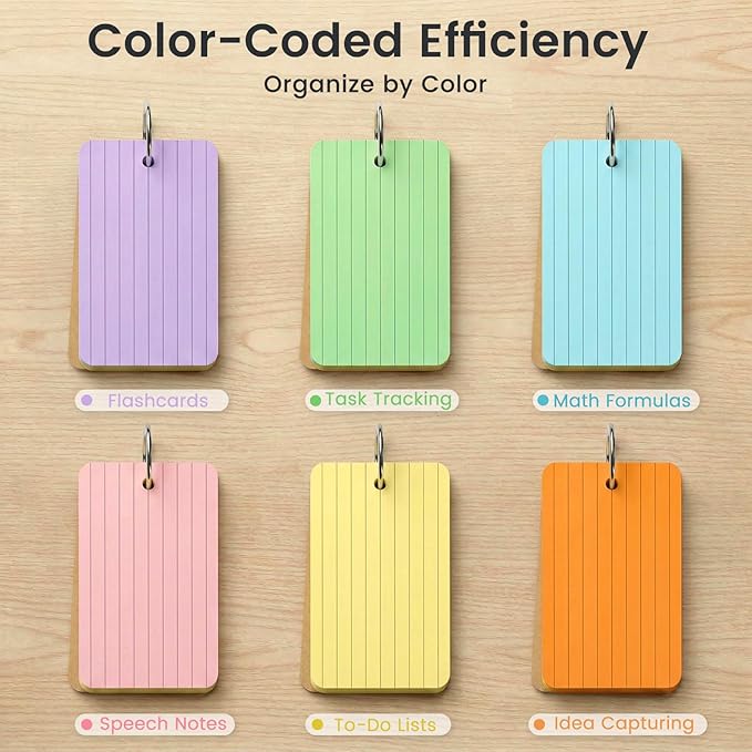 Koogel Index Cards 3x5 Inch with Ring, 300 Count, Colored Ruled Flash Cards for Studying, Heavyweight Lined Notecard for School Office Home Learning Memory Note Taking To Do List Supplies, 6 Colors