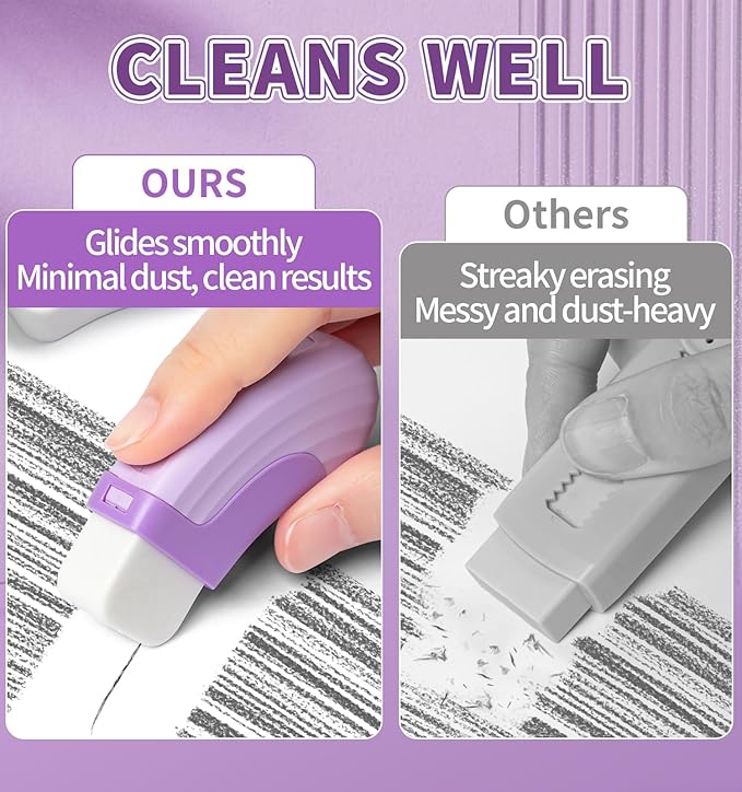 4+1 Pack Rubber Erasers Sliding Retractable Eraser, Large White Erasers for School Office Art Drawing Pencil Eraser for Kids- Purple