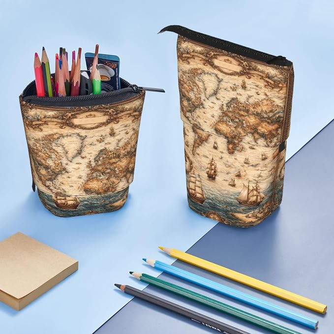 Retro Map Standing Pencil Case Cute Telescopic Stationary Pouch with Zipper Large Capacity Stand up Pen Bag Portable Makeup Holder for School Office Supplies