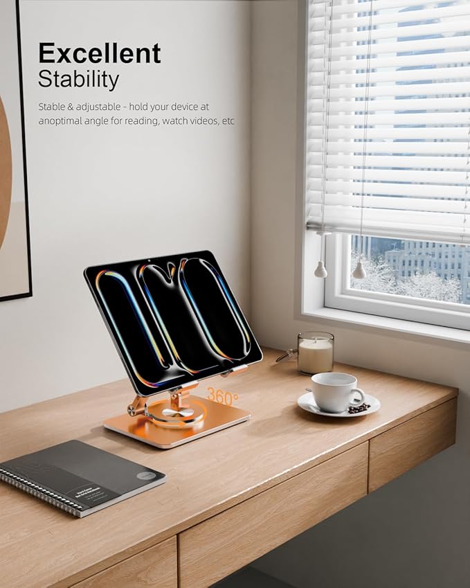 Orlian Tablet Stand Holder with Thickened 360°Rotating Base Dual Rod Adjustable Aluminum Stand for All 5.8-12.9” iPad Samsung Phone Tablet Kindle E-Reader and More, Rose
