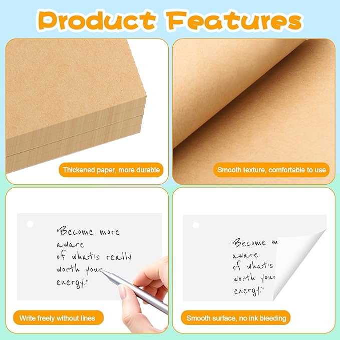 300 Pcs Customizable Index Flash Study Note Card Pad White Blank Kraft Paper with Binder Ring (3 x 5 Inches, 50 Sheets per Set)