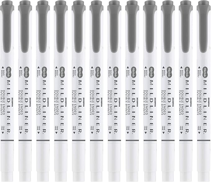 Zebra Pen Mildliner Dual-Tip Highlighters, Broad and Fine Tips, Ideal for Bible Highlighting, No Bleed, School Supplies, Teacher Supplies, and Office Supplies, Mild Dark Gray Ink, 12-Pack (78510upc)