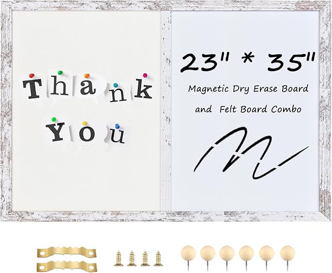 Bulletin Board Whiteboard White Felt Board Combo for Office School Kitchen Bedroom, White Wood Frame,23.6"*35.4",Whiteboard+WH-6090WH