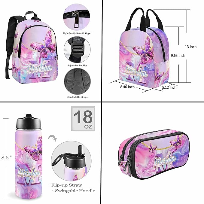 M YESCUSTOM Personalized Girls Backpack Lunch Bag with Name, Butterfly Custom School Backpacks for Kids Teen Waterproof Bookbag Backpacks Set Pencil Pouch