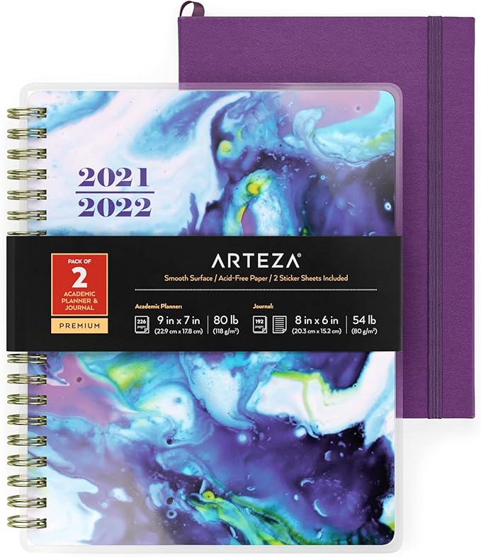 Arteza Academic Planner Bundle, Includes 9 x 7 Inches Planner, 6 x 8 Inches Lined Journal, and 2 Sticker Sheets, Office Supplies and College Essentials for Scheduling and Staying Organized