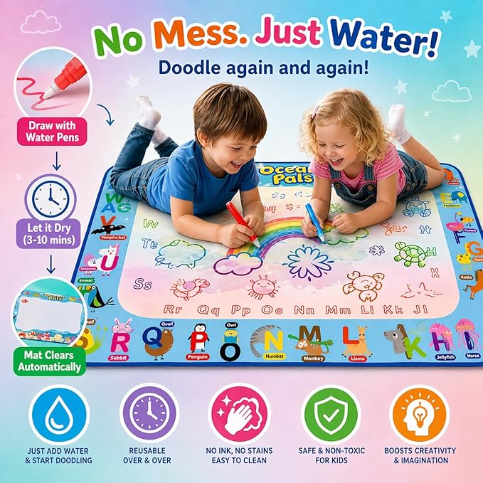 Water Doodle Mat for Kids, Large 40 x 32 Aqua Magic Reusable Drawing Mat, Mess Free Coloring & Writing Toy, Educational Gift for Toddlers Boys Girls