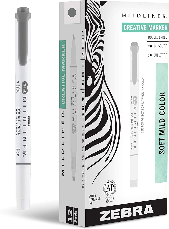 Zebra Pen Mildliner Dual-Tip Highlighters, Broad and Fine Tips, Ideal for Bible Highlighting, No Bleed, School Supplies, Teacher Supplies, and Office Supplies, Mild Dark Gray Ink, 12-Pack (78510upc)