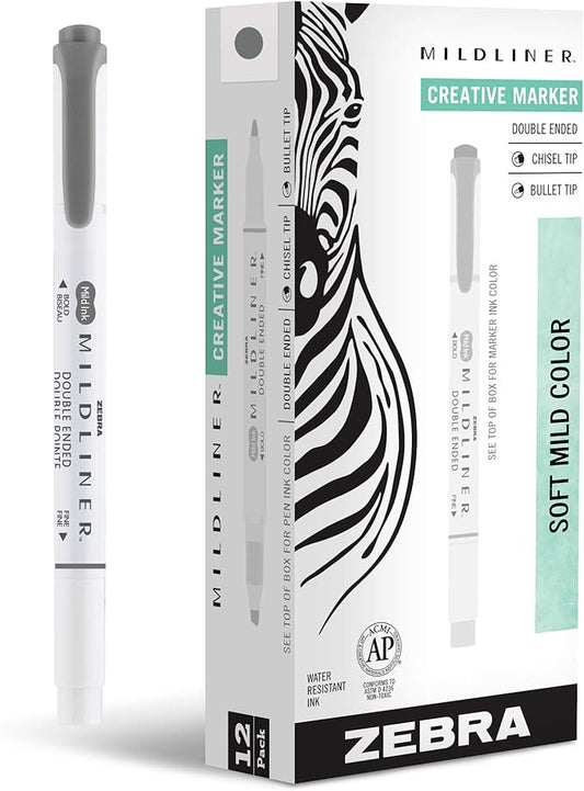 Zebra Pen Mildliner Dual-Tip Highlighters, Broad and Fine Tips, Ideal for Bible Highlighting, No Bleed, School Supplies, Teacher Supplies, and Office Supplies, Mild Dark Gray Ink, 12-Pack (78510upc)