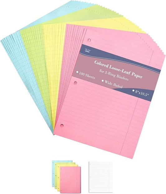 Mr. Pen- Colored Loose Leaf Paper Wide Ruled, 100 Sheets, 8” x 10.5”, 3- Hole Punched, Notebook Paper