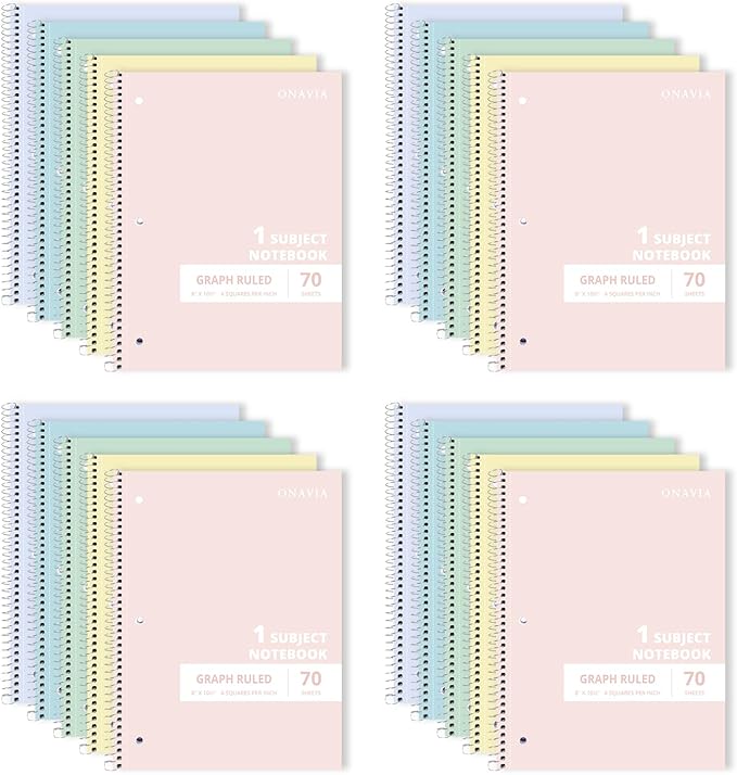 ONAVIA Graph Ruled Single Subject Spiral Notebook, 20 Pack, 4x4 Grid Paper, 8 x 10.5, 70 Sheets Each, Bulk Classroom Notebooks, Assorted Colors