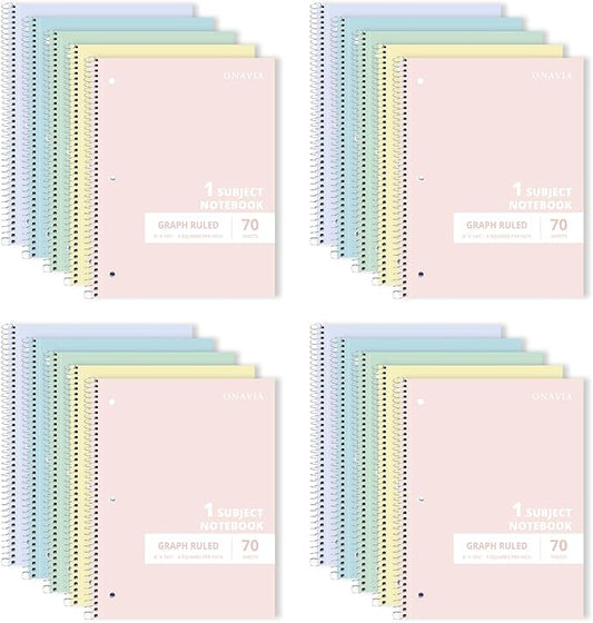 ONAVIA Graph Ruled Single Subject Spiral Notebook, 20 Pack, 4x4 Grid Paper, 8 x 10.5, 70 Sheets Each, Bulk Classroom Notebooks, Assorted Colors