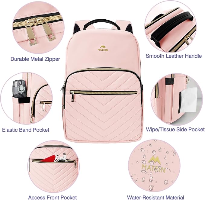 MATEIN College Backpack with Laptop Compartment, Water Resistant Girls Backpack, Cute Bookbag with Multiple Compartments, 17 inch Quilted Casual Daypack for Women, Pink
