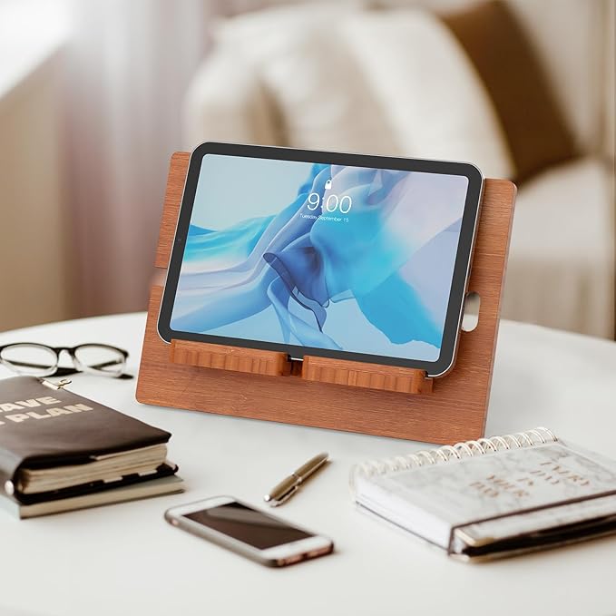 Pezin & Hulin Bamboo Tablet Stand Adjustable, Desktop Cell Phone Stand Holder Dock Compatible with Pad Air/Pro/Mini, E-Reader, Smartphone (Support to 4.7-13" Devices)-Brown