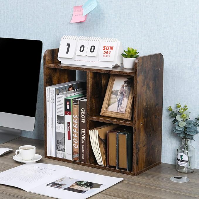 PAG Desktop Shelf Freestanding Wood Small Bookshelf Desk Supplies Organizers and Accessories Storage Display Rack Office Decor for Women, Antique Brown