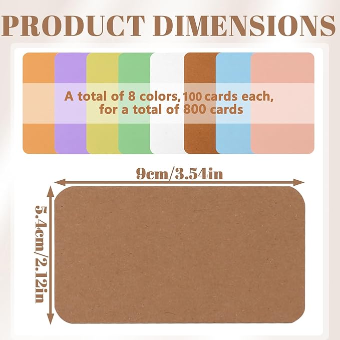 800 Pieces 3.5" x 2.1" Index Cards, Thick Blank Flash Card for Studying, Double Side Colored Note Cards Flashcards for Art Sketching Writing Recording Home Office Supplies (8 Colors)