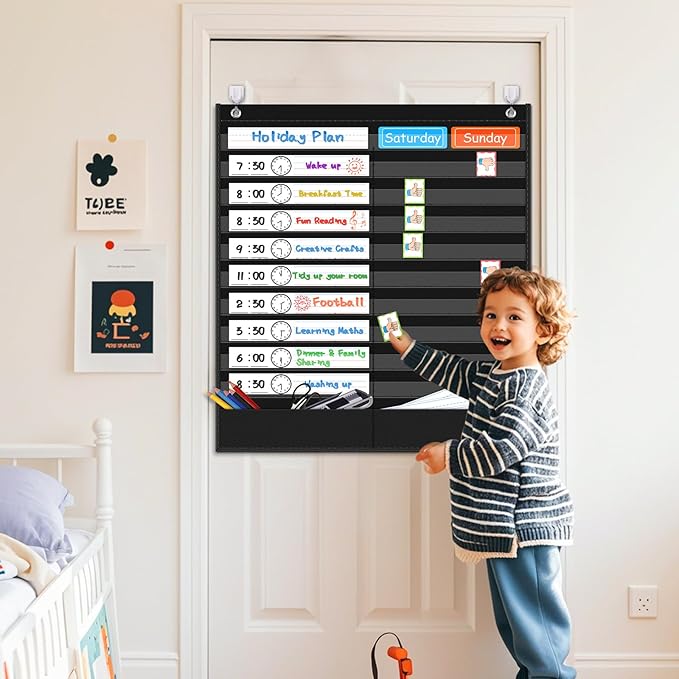 AKAYOK Daily Schedule Pocket Chart - Clear 19 Pocket Chart for Classroom with 22 Reusable Dry-Erase Cards | Perfect for Flash Cards/Sentence Strips/Cleaning Schedule and Checklist/Calendar Cards