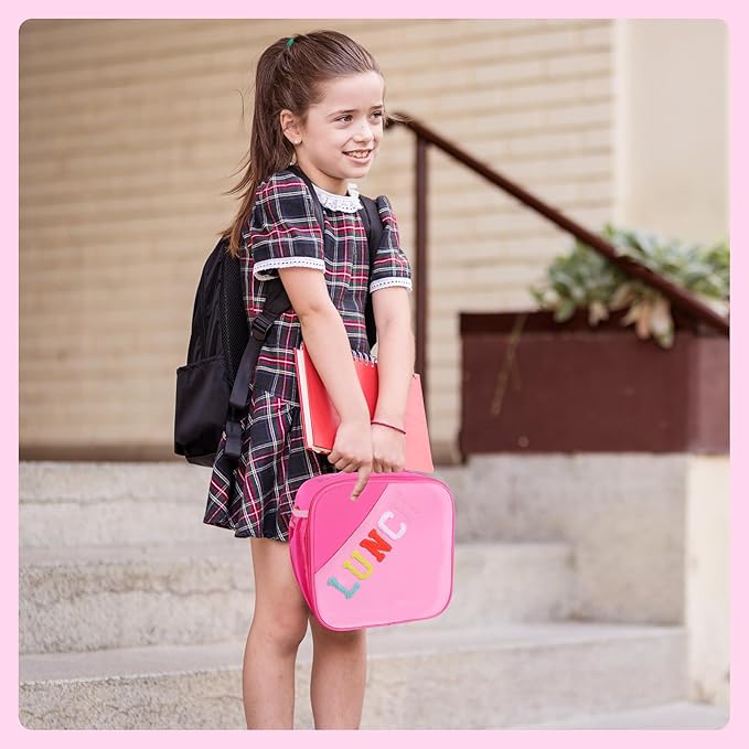Nsrzua Lunch Bag Kids-Kids Insulated Lunch Bag with Adjustable Strap - Reusable Leakproof Lunch Box for Girls, Preppy School Lunch Tote for Travel, Picnic,School & Winter Camp
