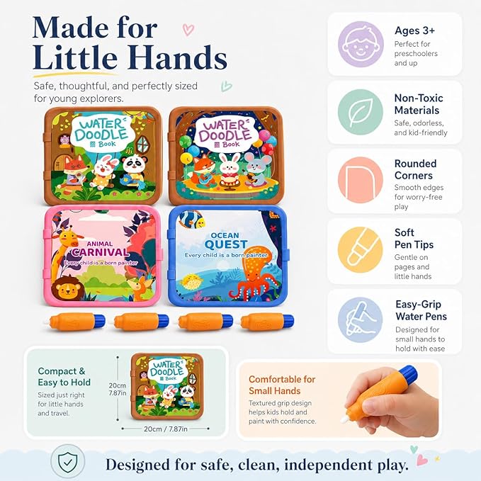 Water Painting Book for Kids 4 Pack - Reusable Magic Water Coloring Books with 36 Pages & 4 Water Pens, Mess-Free Art Activity Toys for Toddlers Ages 3-5, Educational Travel Toys Gift for Boys Girls