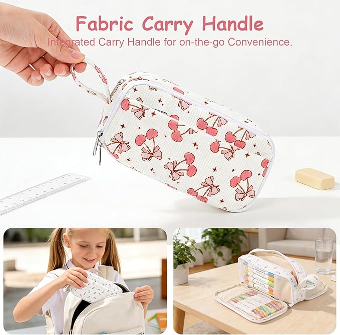 BuyCard Large Capacity Pencil Case, White With Pink Cherry Pattern, Corduroy Pencil Bag with Zipper Closure, Graduation Gift Office Stationery Storage Pen Pouch for Classroom Teacher