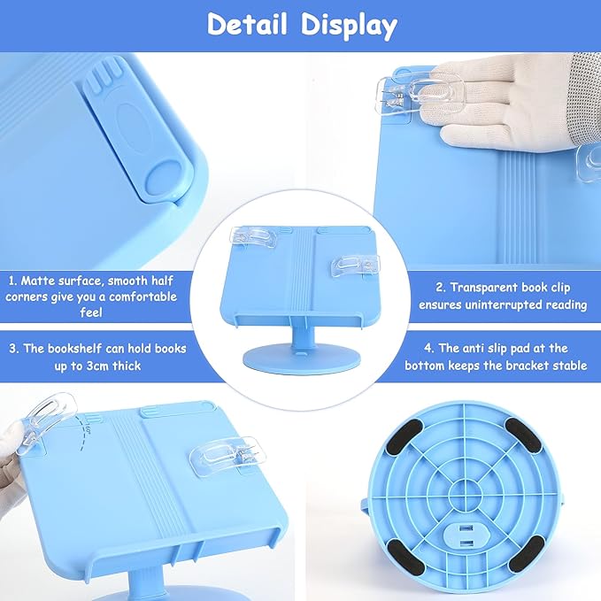 Kids Book Stand, Adjustable Reading Holder with Thick Base, Foldable Reading Stand with Page Clips, for 8.5"×11" or Smaller, Gift for Children's Day, Blue