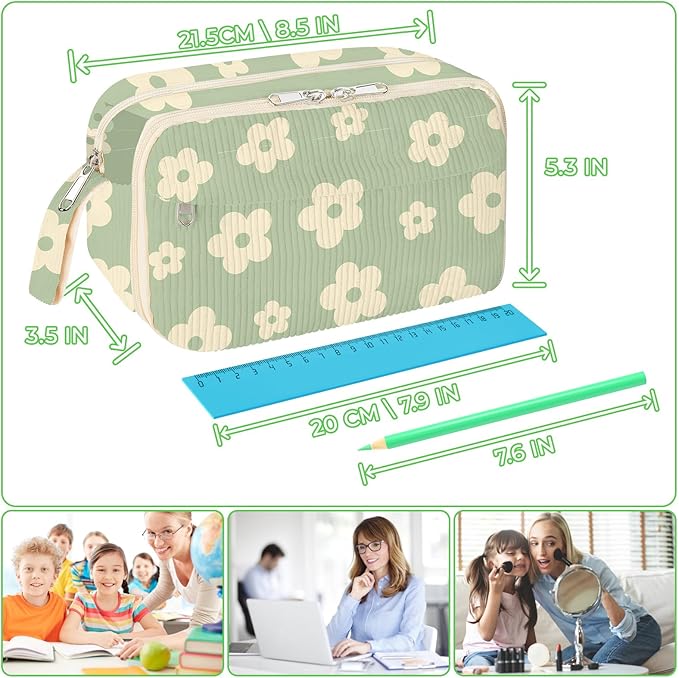WOBAGMEN Cute Pencil Case,Large Corduroy Zippered Pencil Case Pouch, aesthetic Pencil Bag with Compartments, Pencil Pouch School Supplies (Cute Green Floral)