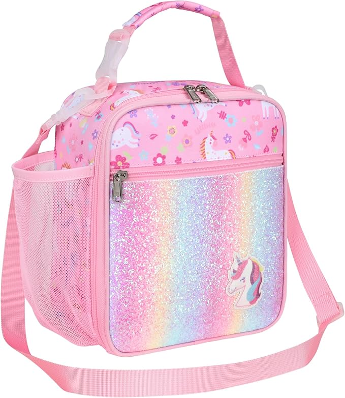 Bagseri Kids Lunch Bag with Shoulder Strap - Insulated Crossbody Girls Lunch Box for School & Travel, Reusable Large Meal Tote with Bottle Holder, Fits Bento Box, Pink Unicorn