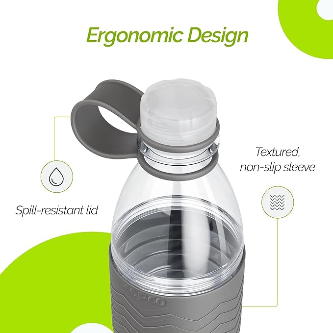Copco Hydra 20 oz Water Bottle with Carrying Loop – Leak Proof, BPA Free Tritan, Dishwasher Safe, Twist-Open Body, Non-Slip Silicone Grip, Ideal for Gym, Travel, Office & Everyday Use (Grey)