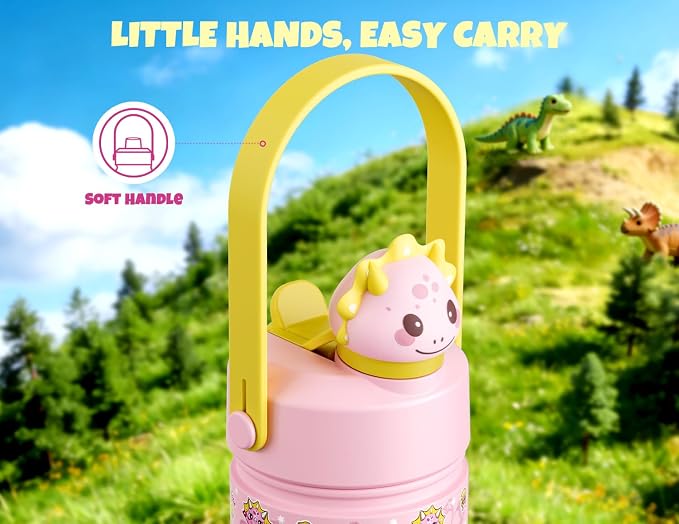 POWCAN 18 oz Kids Water Bottle: 2-in-1 Straw Spout Lid with Soft Animal Head, Leakproof, Backpack Friendly, Keep Cold 24H, Cute Patterns, Insulated Cup for School, Playtime, Trip, Gift (Lovely Trike)