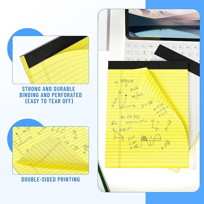 6pcs Legal Pads 8.5 x 11, Notepads 8.5 x 11.75 College Ruled Notebook, Writing Pads of Paper, Yellow Note Pads, Memo Pad Papers Perforate Legal Notepads Narrow Ruled Line,30 Sheets Per Pack