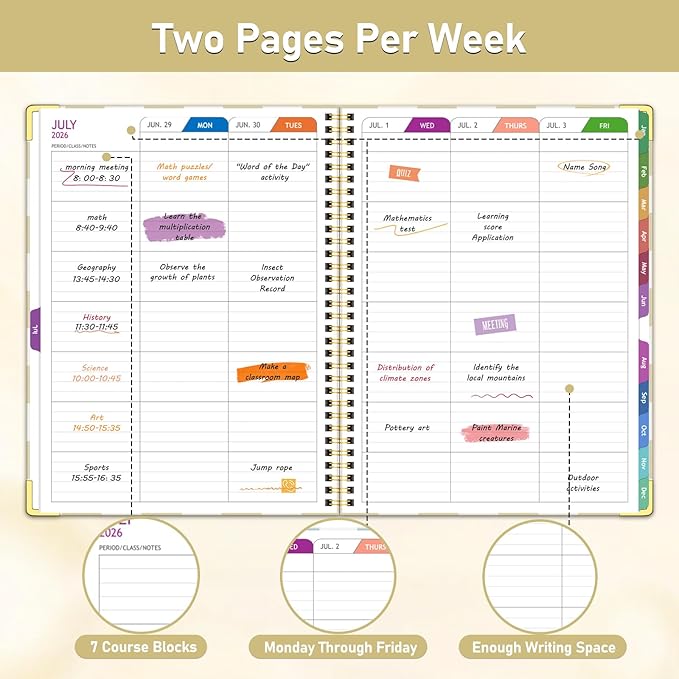 eacher Planner 2026-2027, Jul 2026-Jun 2027 Academic Year, 8.5" x 11" Lesson Planner Book for Teacher Calendar, Spiral Bound Planners, Colorful Monthly Tabs, Planning Stickers, YellowCheckered