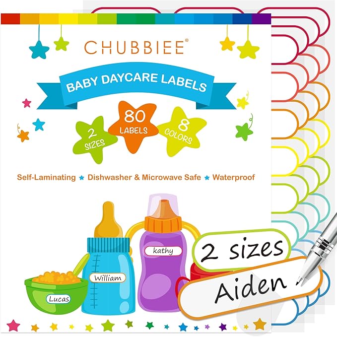 Baby Bottle Labels for Daycare, Self-Laminating, Waterproof Write-On Name Labels, Assorted Sizes & Colors, Pack of 80 (Rainbow)