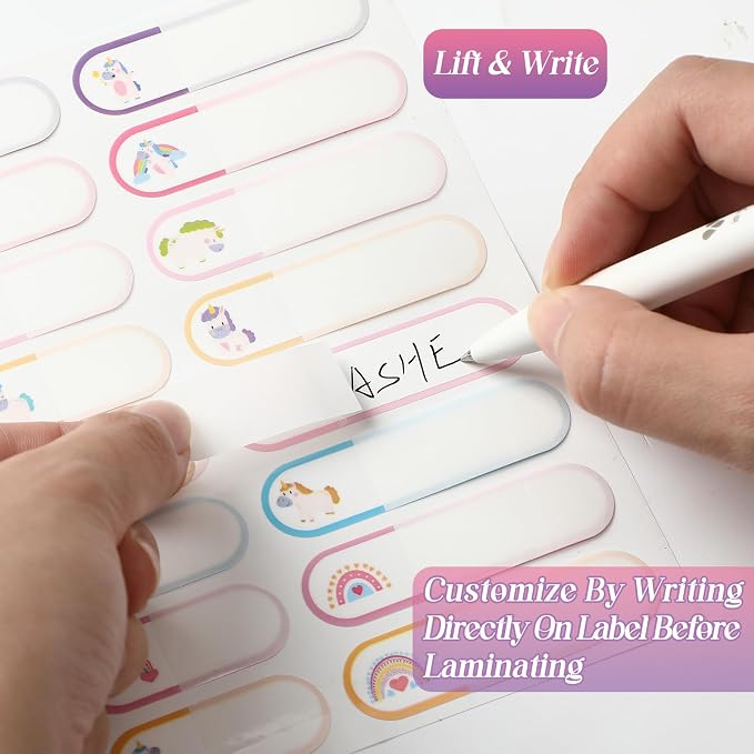 Waterproof Name Labels for Kids Daycare 320 Pcs, Pink Unicorn Style | Self Adhesive Baby Water Bottle Stickers for School Supplies, Self Laminating, School Name Stickers for Lunch Boxes
