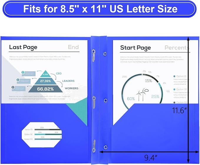 SUIN Plastic Project-Folder with 2 Pockets and 3-Prong Fasteners, for US Letter Size, Bulk Pack Color File-Folder for US Letter Size Papers, Ideal for School & Office, (Blue)