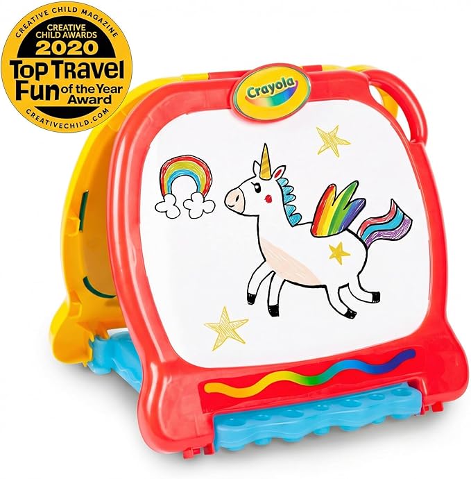 Crayola Art-to-Go Rainbow Easel – Portable Tabletop Dry Erase & Chalkboard for Kids – Foldable Travel Art Case with Storage – Includes Eraser – Ages 3+