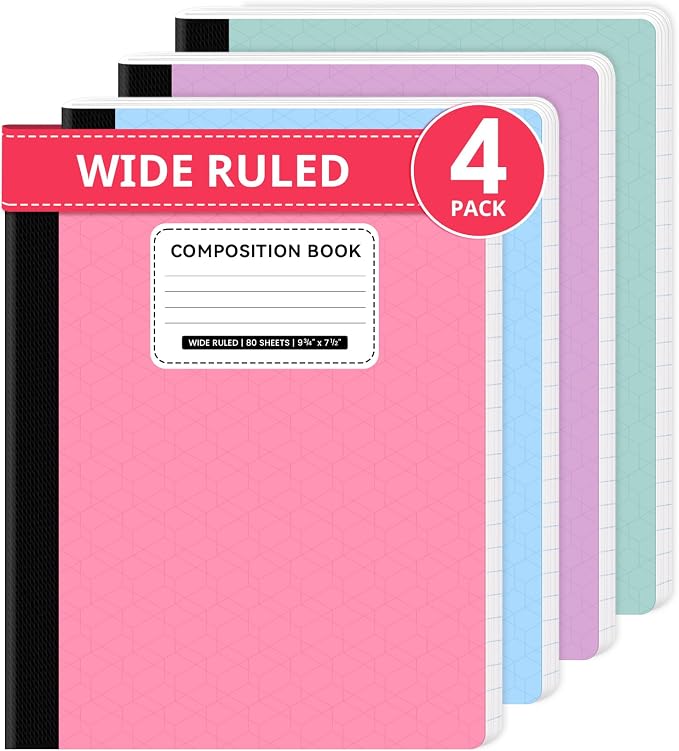 Taja Wide Ruled Composition Notebook 4 Pack School Supplies, 160 Pages
