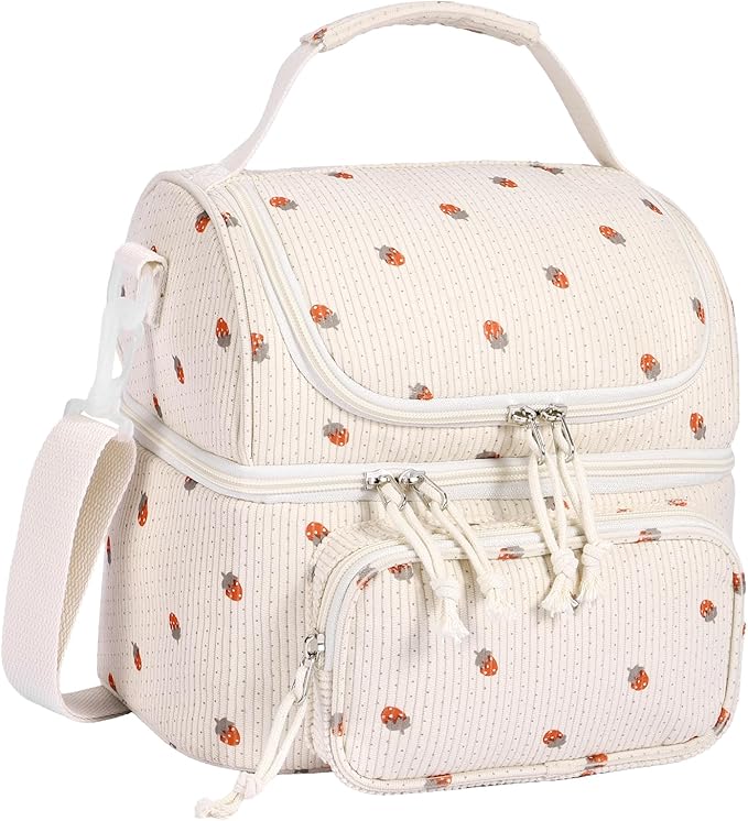 HowFly Lunch Bag for Women Insulated Lunch Boxes Corduroy Resuable Lunch Box for Girls Teens Kigs Boys Portable Thermal Cooler Bags for School Work, Beige Strawberry (Red)
