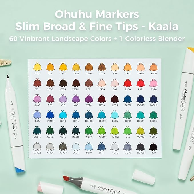 Ohuhu Alcohol Markers Double Tipped Slim Broad and Fine Art Marker for Artists Adult Coloring Drawing Landscape Sketch - 60 Colors Kaala Markers Refillable Art Pen Gift