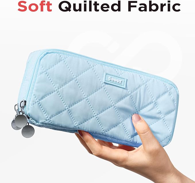 Sooez Large Pencil Case Pouch, Extra Big Pencil Bag with 8 Compartments, Pen Bag Wide Opening, Soft Quilted Pencil Pouch Organizer with Zipper, Portable Pencil Case for Teen Girls, Sky Blue