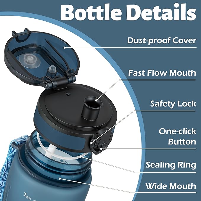 OLDLEY 25 oz Water Bottle, Motivational Water Bottle with Time Marker, Sports Water Bottle With Strap, Leakproof & BPA Free Large Water Bottles for School, Gym, Travel, Outdoor,Navy Blue