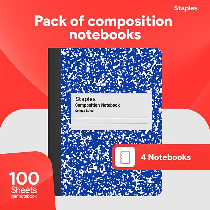 STAPLES Composition Notebook, College Ruled, 100 Sheets, Assorted Colors, 4‑Pack