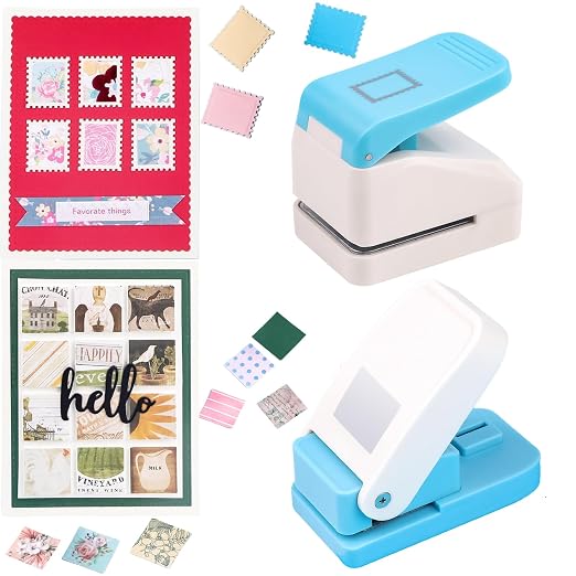 2 Pcs Paper Punch | 1 inch Square Punch | 1.1X0.9 inch Embossing Postage Stamp Shape Puncher | Square Stamp Hole Puncher | Portable Lever Craft Hole Punches for Crafting DIY Scrapbooking Projects
