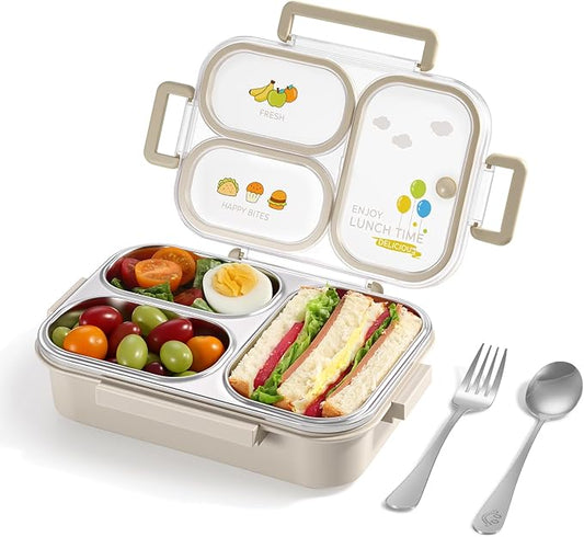 NUKied Stainless Steel Lunch Box for Kids & Adults, 3-Compartment Leak Proof Metal Bento Lunch Box with Fork & Spoon, 26.4 oz Airtight Food Storage Snack Container for School, Work, Travel (Beige)