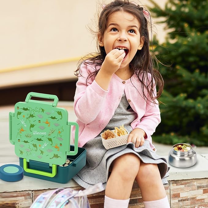 Bento Box for Kids with Thermos, [Large Capacity] Insulated Kids Lunch Box with 4 Compartment for Ages 3+, Drop-Proof & Dishwasher Safe Lunchbox Container Green