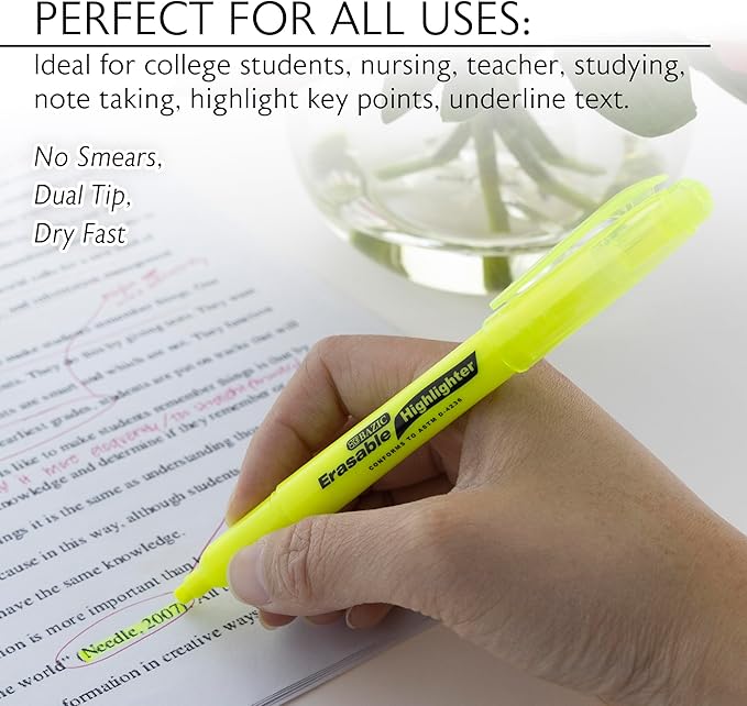BAZIC PRODUCTS Erasable Highlighter, Chisel Broad Line Fine Point Highlighters, Unscented Highlighting Coloring Erase Marker (3/Pack), 144-Packs