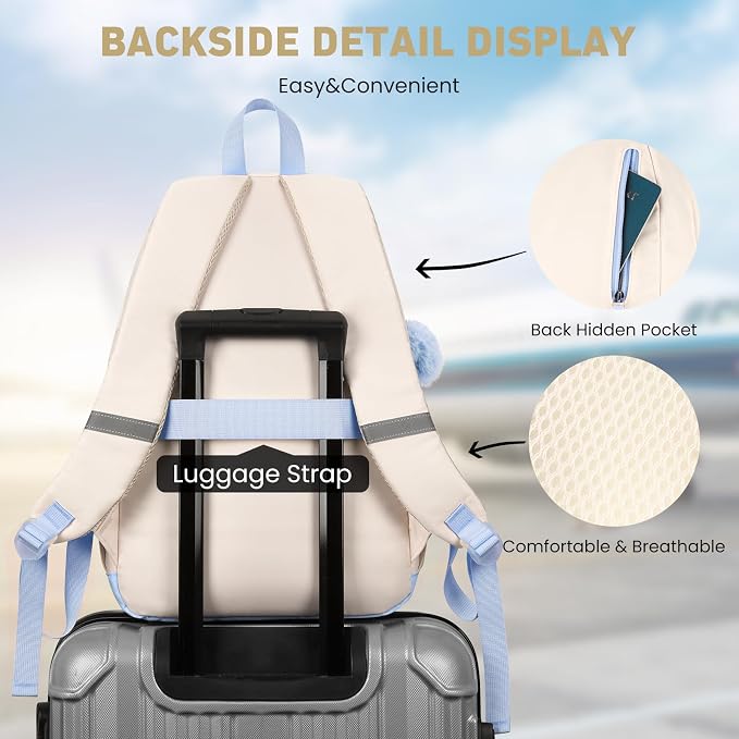 WINDARS School Backpack for Teen Girls, Cute College Backpacks for Women Students Aesthetic Bookbag Large 15.6 Inch Laptop Bag Middle School Travel Back Pack (Blue Beige)