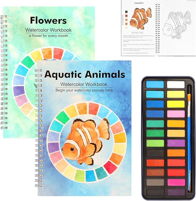 Watercolor Workbook, 24 Colors Solid Paint Set, Ocean Flower Themed DIY Patterns, Anti-Bleed Paper, Beginner Friendly Art Kit For Adults (Ocean+Flower（24 Colors）)