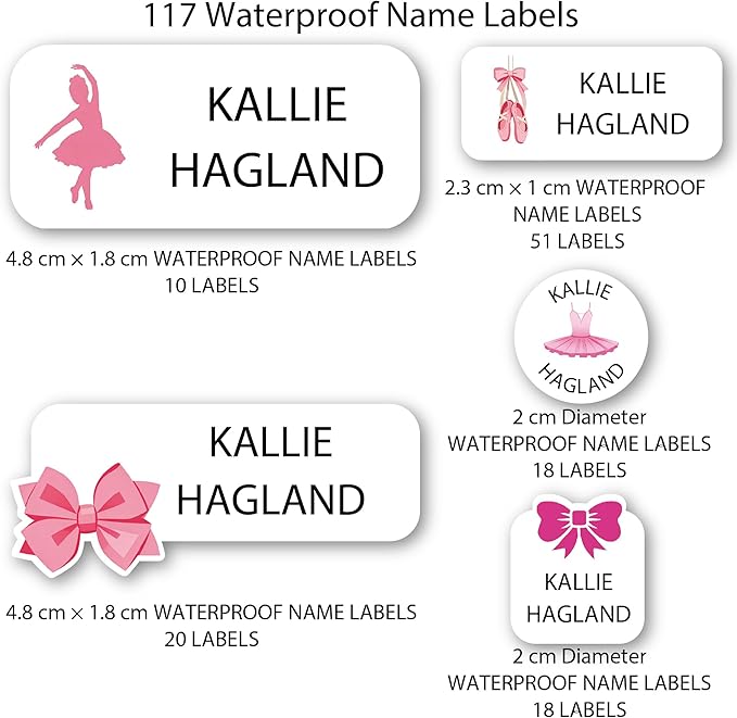 Personalized Kids Name Labels – Waterproof Custom Stickers for Daycare & School, 117 Pack, Dishwasher & Laundry Safe (Ballet)